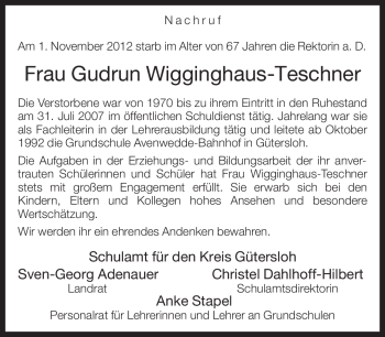 Traueranzeige von Gudrun Wigginghaus-Teschner von Neue Westfälische