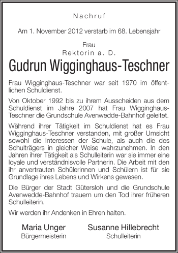 Traueranzeige von Gudrun Wigginghaus-Teschner von Neue Westfälische