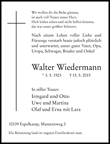 Traueranzeige von Walter Wiedermann von Neue Westfälische