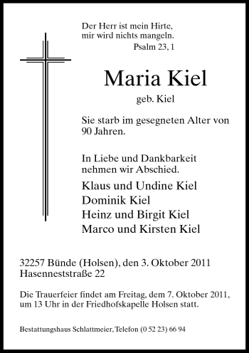 Traueranzeige von Maria Kiel von Neue Westfälische