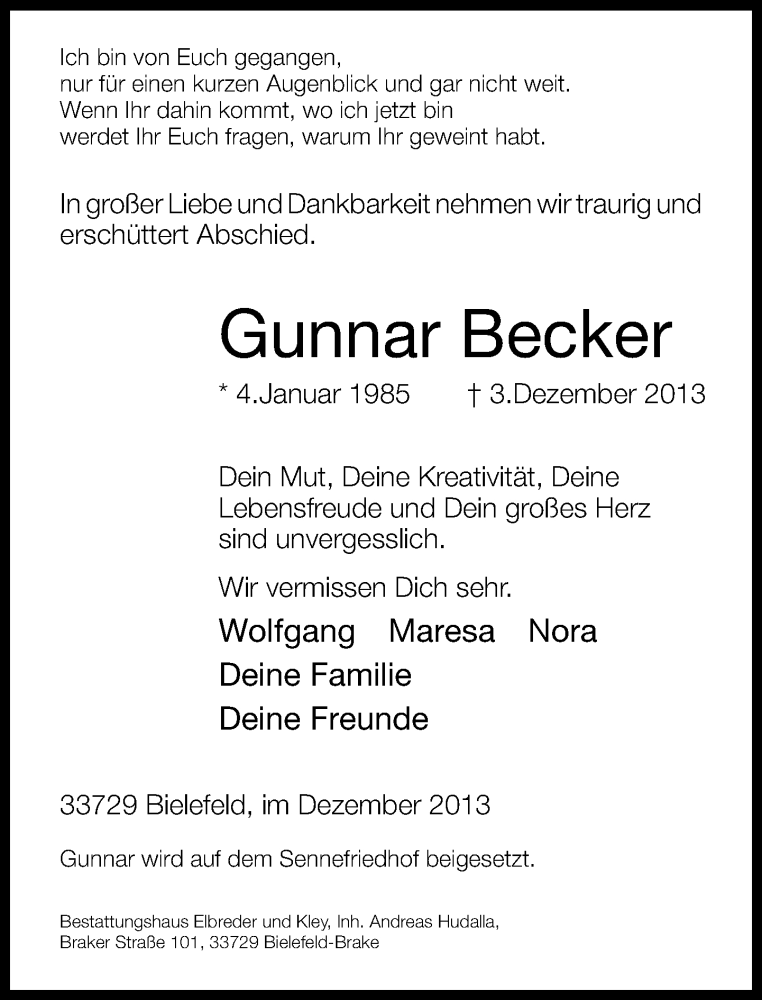  Traueranzeige für Gunnar Becker vom 10.12.2013 aus Neue Westfälische