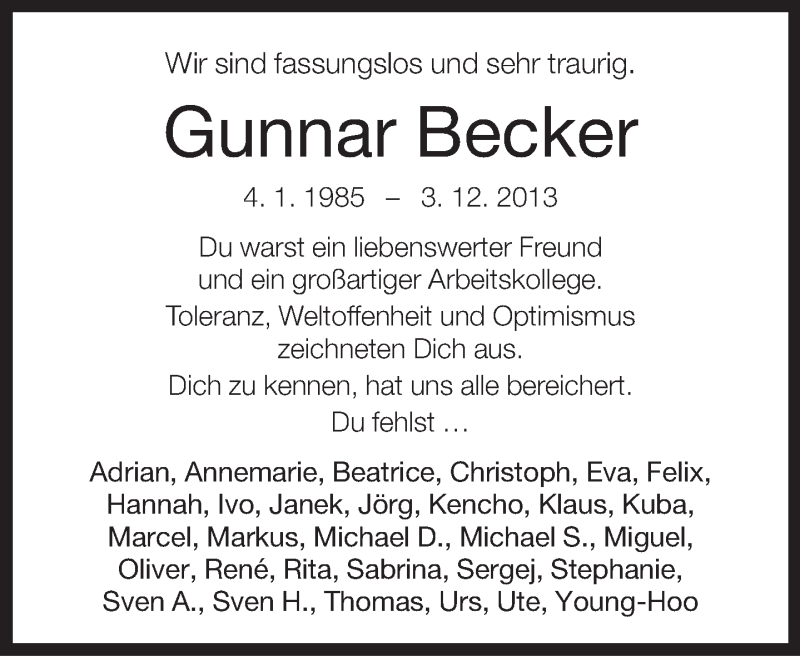  Traueranzeige für Gunnar Becker vom 14.12.2013 aus Neue Westfälische