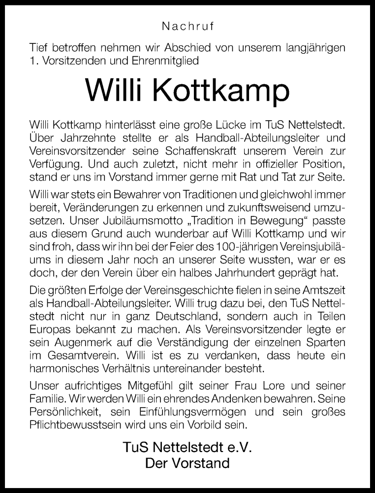  Traueranzeige für Willi Kottkamp vom 14.11.2012 aus Neue Westfälische