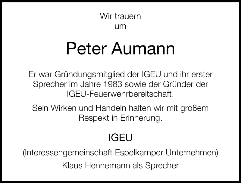  Traueranzeige für Peter Aumann vom 15.11.2012 aus Neue Westfälische