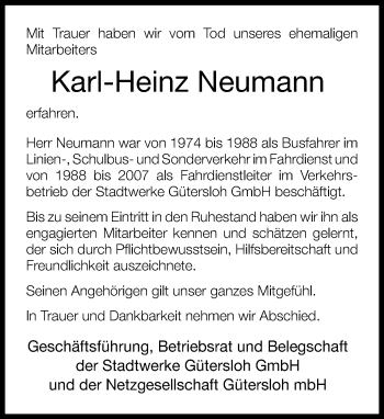 Traueranzeige von Karl-Heinz Neumann von Neue Westfälische