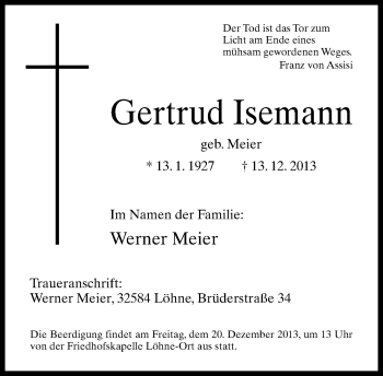 Traueranzeige von Gertrud Isemann