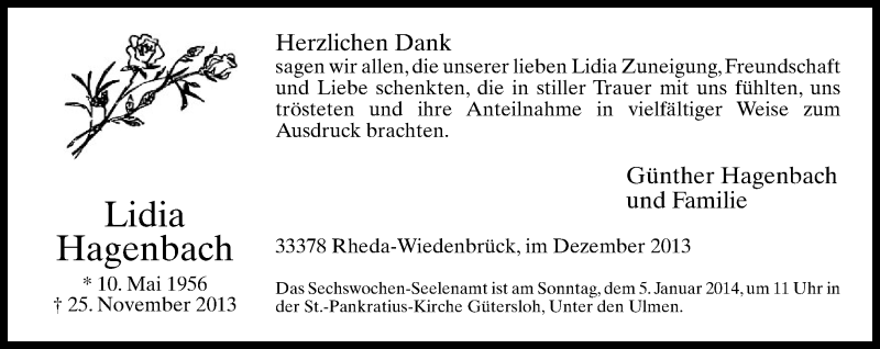  Traueranzeige für Lidia Hagenbach vom 28.12.2013 aus Neue Westfälische