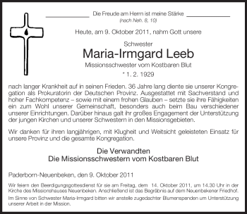 Traueranzeige von Maria-Irmgard Leeb von Neue Westfälische