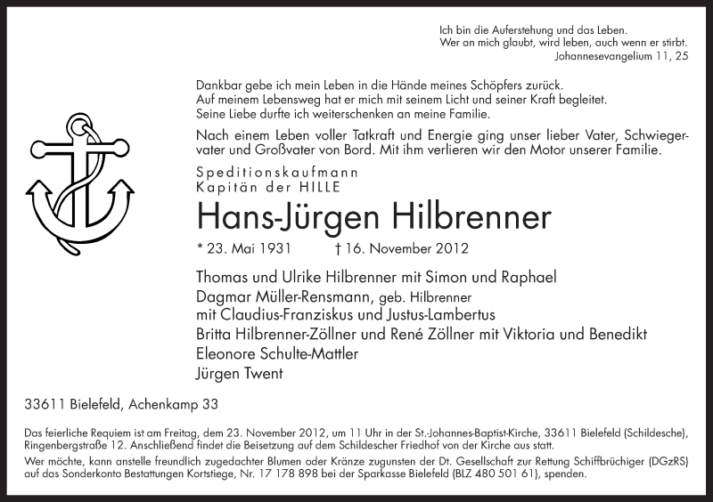  Traueranzeige für Hans-Jürgen Hilbrenner vom 21.11.2012 aus Neue Westfälische