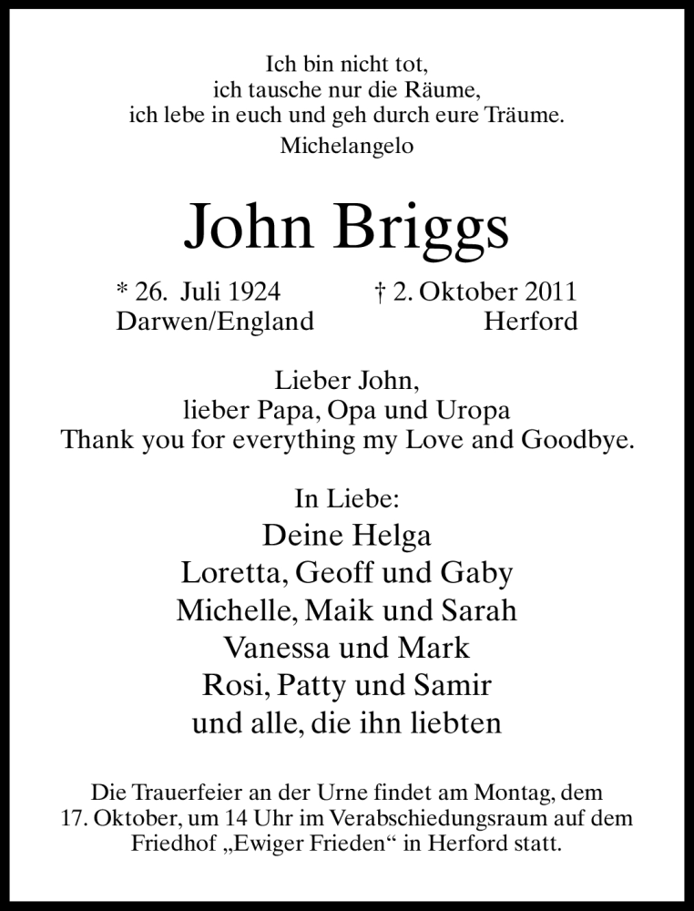  Traueranzeige für John Briggs vom 15.10.2011 aus Neue Westfälische