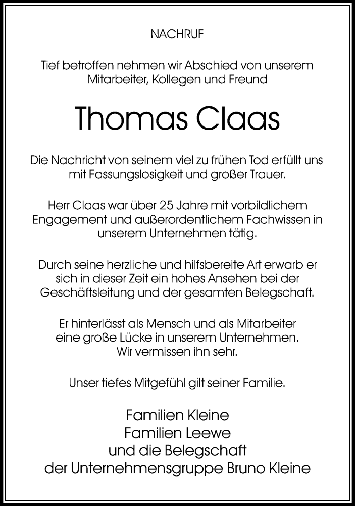  Traueranzeige für Thomas Claas vom 20.11.2012 aus Neue Westfälische