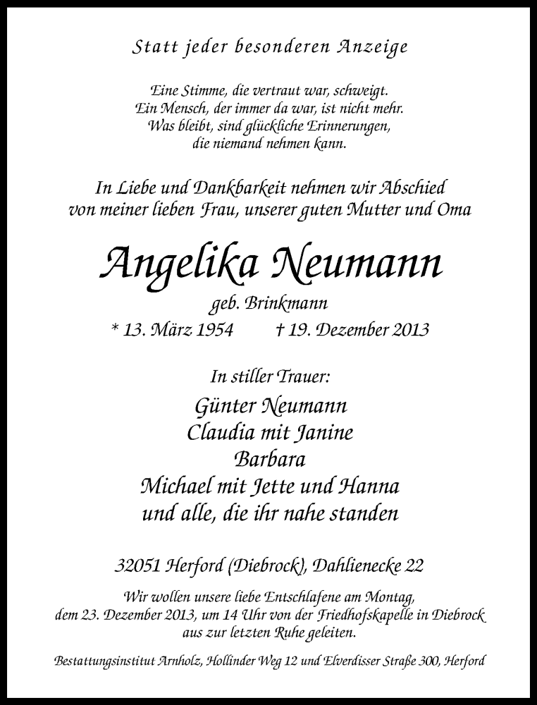  Traueranzeige für Angelika Neumann vom 21.12.2013 aus Neue Westfälische