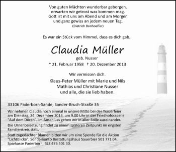Traueranzeige von Claudia Müller von Neue Westfälische