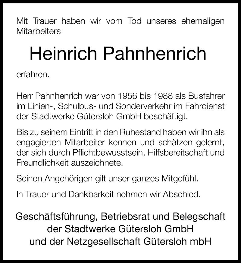  Traueranzeige für Heinrich Pahnhenrich vom 22.11.2012 aus Neue Westfälische