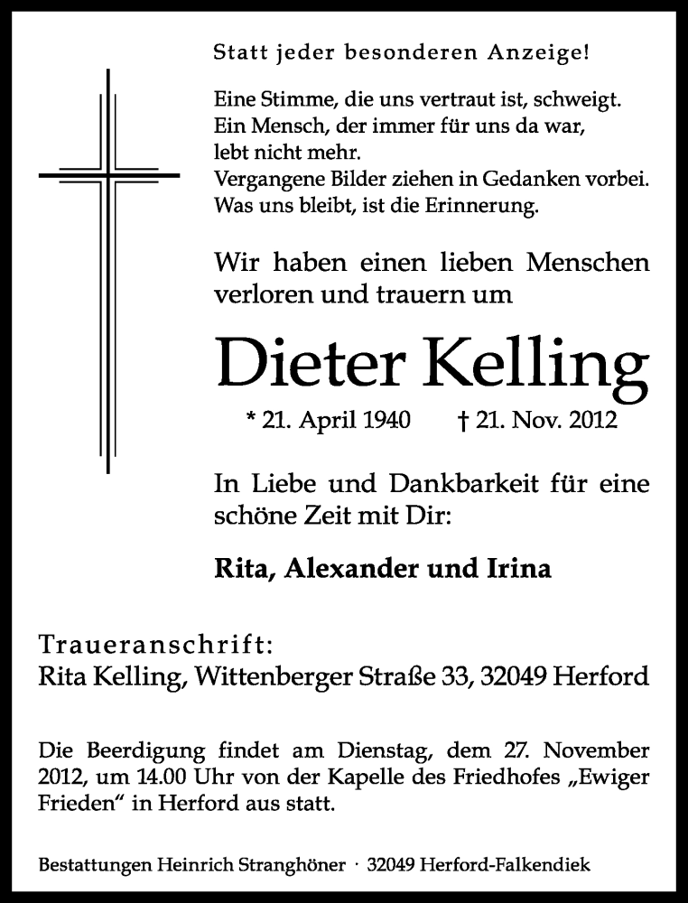  Traueranzeige für Dieter Kelling vom 23.11.2012 aus Neue Westfälische