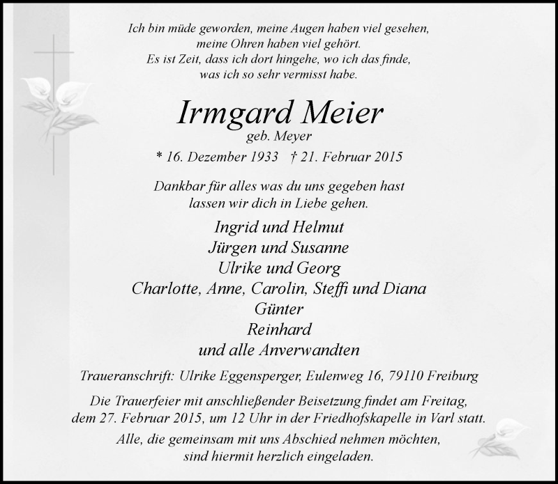  Traueranzeige für Irmgard Meier vom 23.02.2015 aus Neue Westfälische