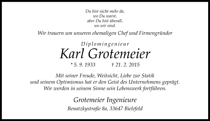  Traueranzeige für Karl Grotemeier vom 24.02.2015 aus Neue Westfälische