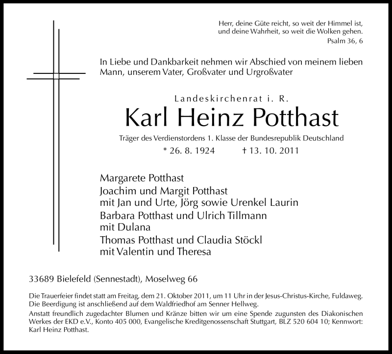  Traueranzeige für Karl Heinz Potthast vom 18.10.2011 aus Neue Westfälische