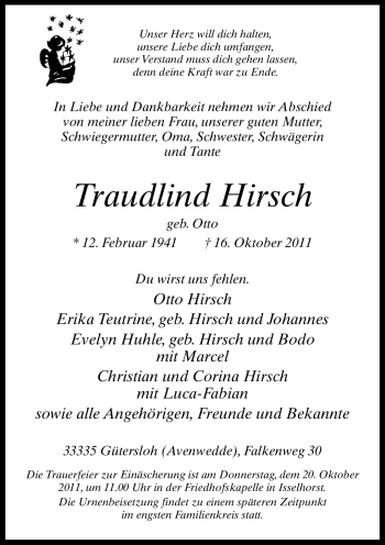 Traueranzeige von Traudlind Hirsch von Neue Westfälische