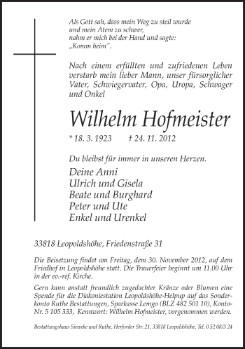 Traueranzeige von Wilhelm Hofmeister von Neue Westfälische