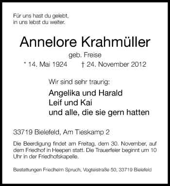 Traueranzeige von Annelore Krahmüller von Neue Westfälische