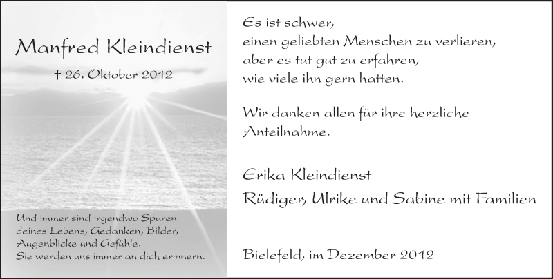  Traueranzeige für Manfred Kleindienst vom 01.12.2012 aus Neue Westfälische