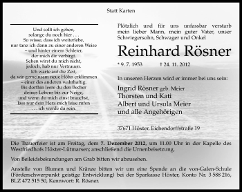 Traueranzeige von Reinhard Rösner von Neue Westfälische