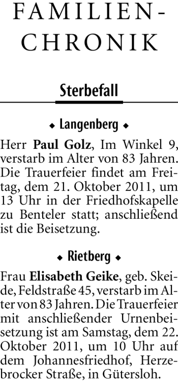 Traueranzeige von Paul Golz von Neue Westfälische