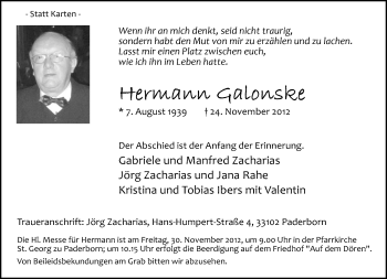 Traueranzeige von Hermann Galonske von Neue Westfälische