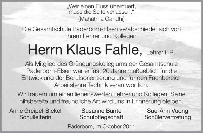  Traueranzeige für Klaus Fahle vom 22.10.2011 aus Neue Westfälische