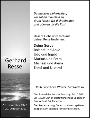 Traueranzeige von Gerhard Ressel von Neue Westfälische