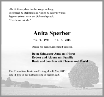 Traueranzeige von Anita Sperber von Neue Westfälische