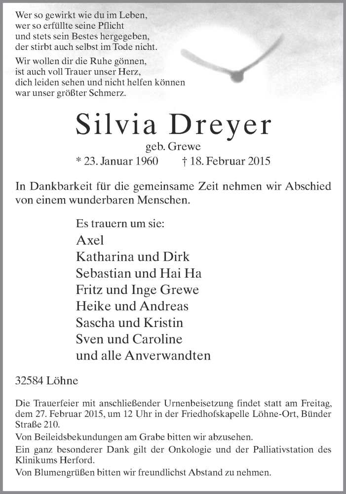 Traueranzeige für Silvia Dreyer vom 21.02.2015 aus Neue Westfälische