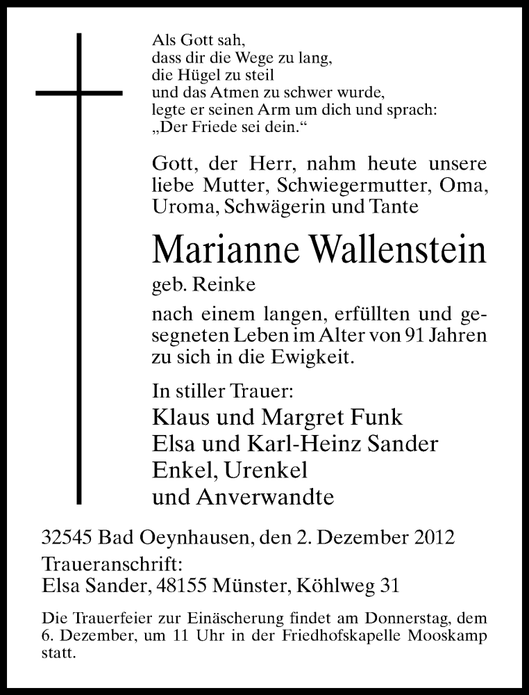  Traueranzeige für Marianne Walleinstein vom 04.12.2012 aus Neue Westfälische