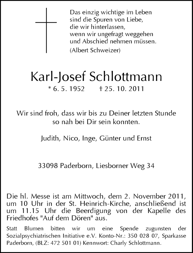  Traueranzeige für Karl-Josef Schlottmann vom 27.10.2011 aus Neue Westfälische