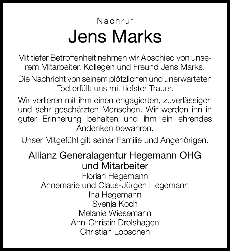  Traueranzeige für Jens Marks vom 06.12.2012 aus Neue Westfälische