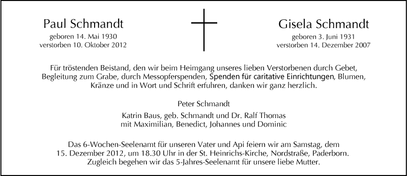  Traueranzeige für Paul Schmandt vom 08.12.2012 aus Neue Westfälische