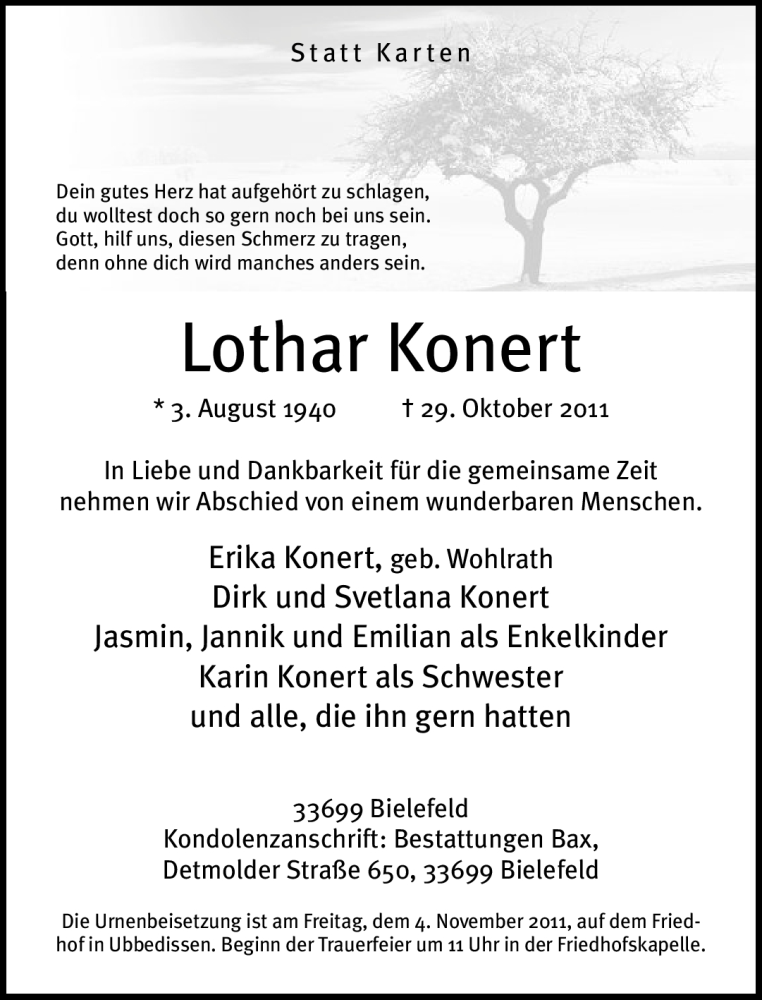  Traueranzeige für Lothar Konert vom 31.10.2011 aus Neue Westfälische
