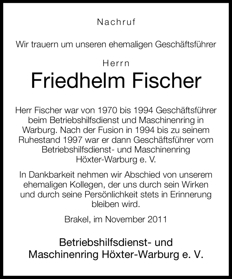  Traueranzeige für Friedhelm Fischer vom 04.11.2011 aus Neue Westfälische