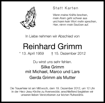 Traueranzeige von Reinhard Grimm von Neue Westfälische