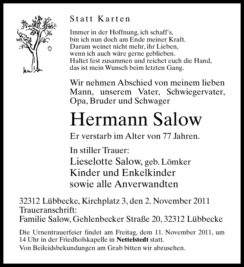 Traueranzeige für Hermann Salow vom 05.11.2011 aus Neue Westfälische