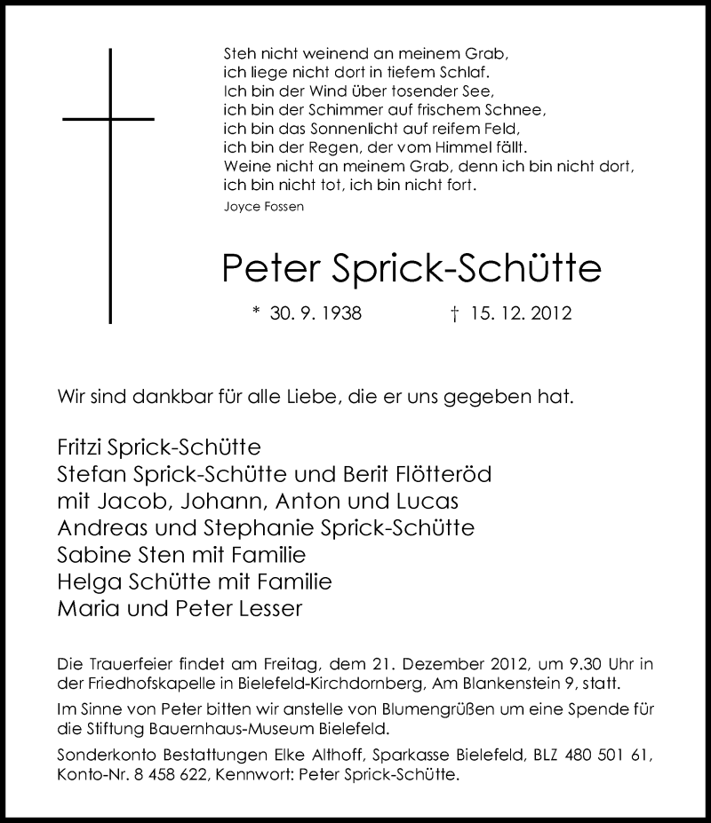  Traueranzeige für Peter Sprick-Schütte vom 19.12.2012 aus Neue Westfälische