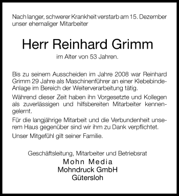 Traueranzeige von Reinhard Grimm von Neue Westfälische