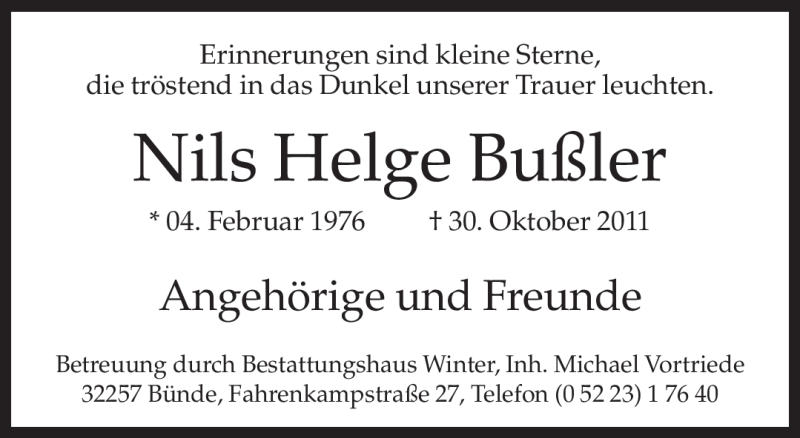  Traueranzeige für Nils Helge Bußler vom 07.11.2011 aus Neue Westfälische