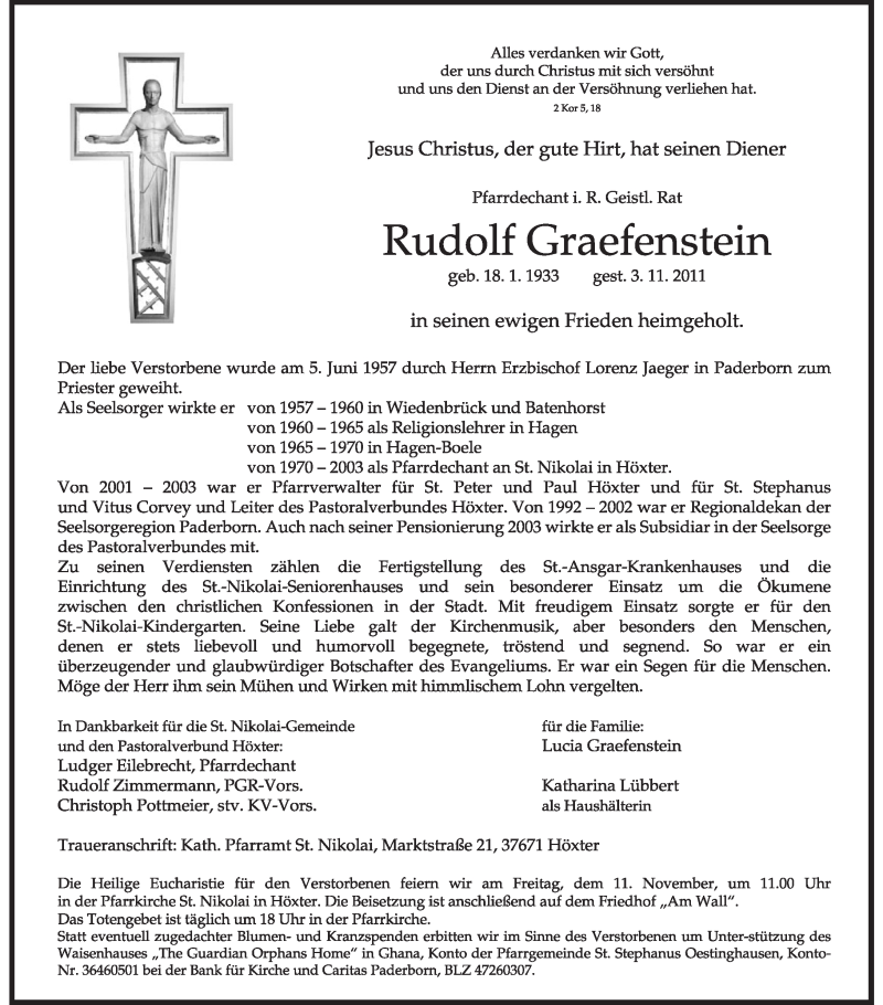  Traueranzeige für Rudolf Graefenstein vom 07.11.2011 aus Neue Westfälische