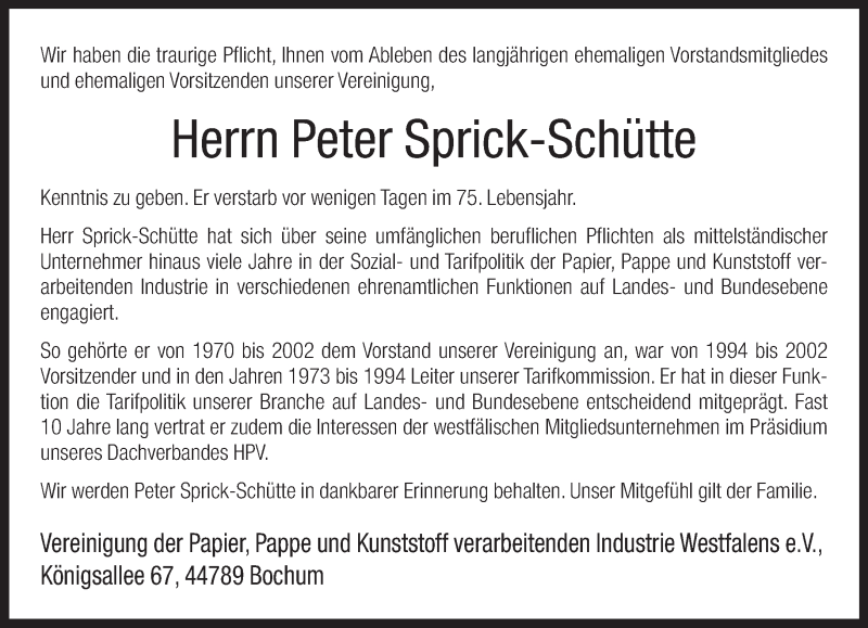  Traueranzeige für Peter Sprick-Schütte vom 21.12.2012 aus Neue Westfälische