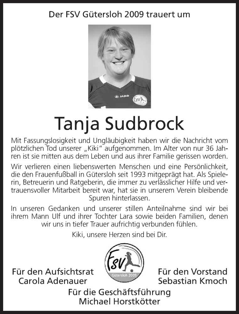  Traueranzeige für Tanja Sudbrock vom 22.12.2012 aus Neue Westfälische