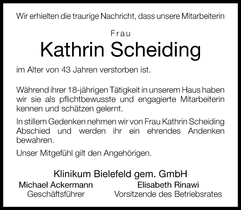  Traueranzeige für Kathrin Scheiding vom 22.12.2012 aus Neue Westfälische