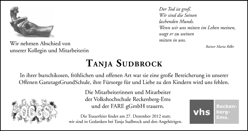  Traueranzeige für Tanja Sudbrock vom 27.12.2012 aus Neue Westfälische