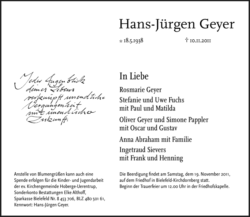  Traueranzeige für Hans-Jürgen Geyer vom 12.11.2011 aus Neue Westfälische